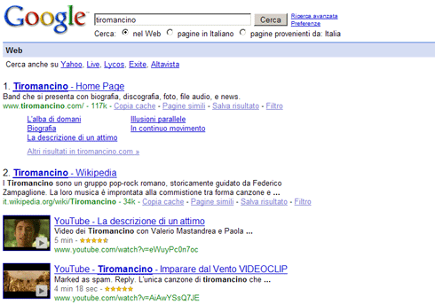 Risultati di Google per la query Tiromancino
