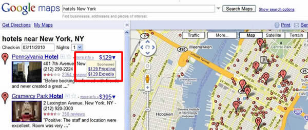 Google Maps: pagina dei risultati per una ricerca di hotel a New York