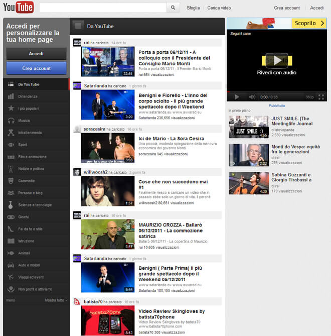YouTube - personalizza la tua home page