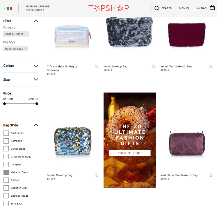 Topshop Shoppable Content Make up Bags